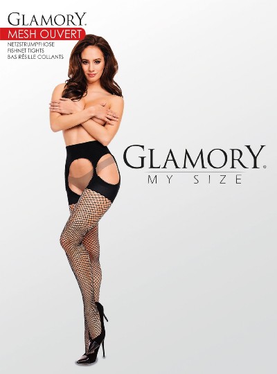 Rajstopy Strip Panty typu kabaretki w du&#380;ych rozmiarach Mesh Ouvert marki Glamory, czarne, rozm. 3XL